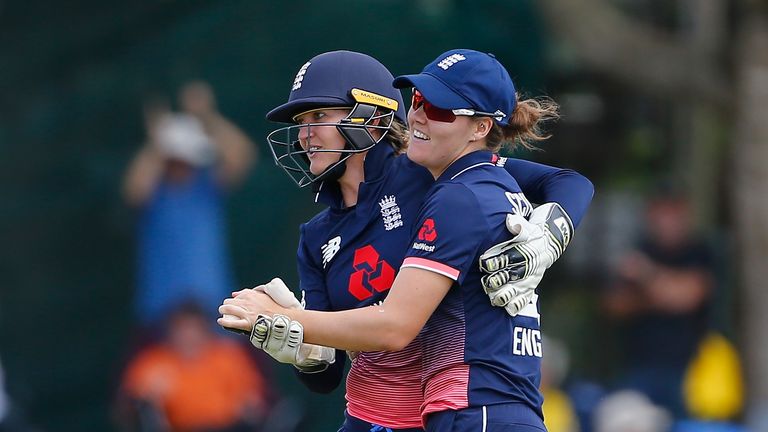 Sarah Taylor and Sciver celebrate a wicket during the Women's Ashes ODIs