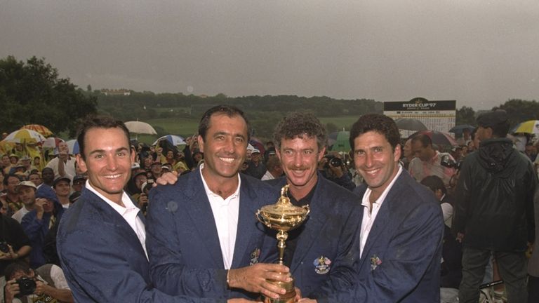 Ignacio Garrido, captain Seve Ballesteros, his assistant Jimenez and Jose Maria Olazabal celebrate with the Ryder Cup in 1997