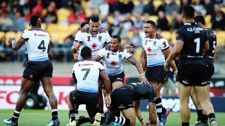 Fiji celebrate after notching the decisive penalty against New Zealand