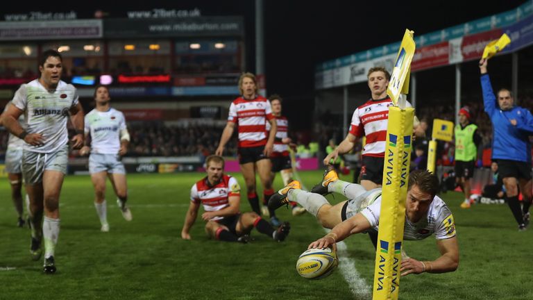 Chris Wyles of Saracens dives over in the corner only for the try to be disallowed 