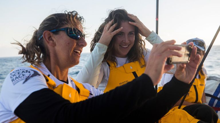 Murphy and skipper Dee Caffari pose for a selfie