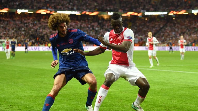 Davinson Sanchez in action against Manchester United's Marouane Fellaini during last season's Europa League final
