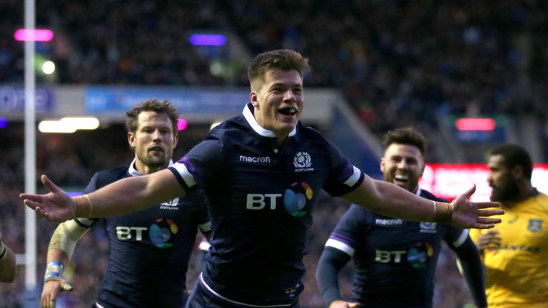 Scotland's Huw Jones celebrates scoring their fifth try in a stunning victory over Australia 