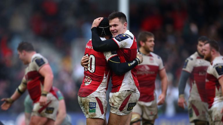 Jacob Stockdale and Christian Lealiifano celebrate after the final whistle