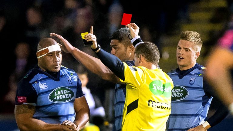 Cardiff's Taufa'ao Filise receives a red card after being adjudged to have used a swinging arm