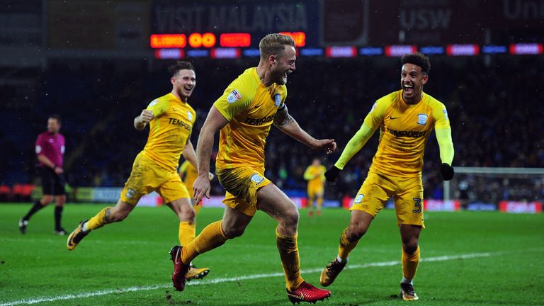 Tom Clarke celebrates scoring the winner for Preston North End against Cardiff
