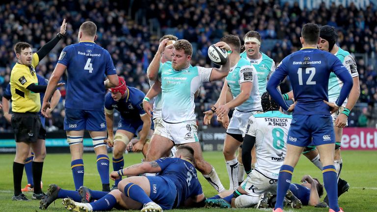 Finlay Bealham celebrates after going over for Connacht's opening try 