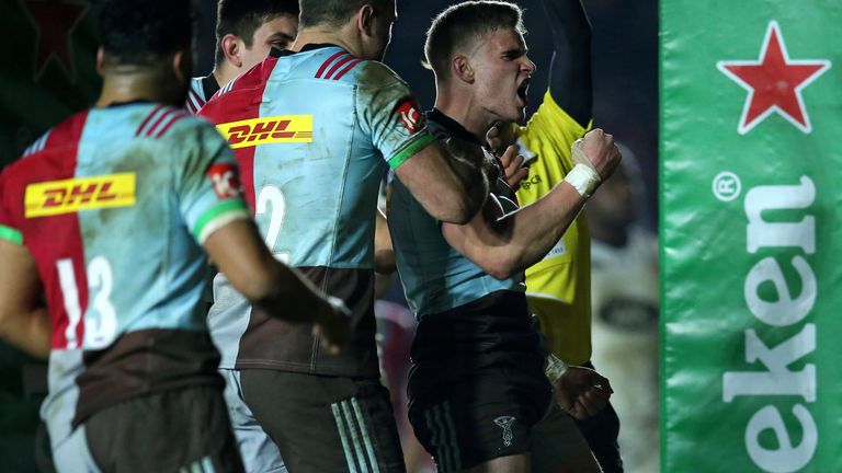 James Lang of Harlequins celebrates his first-half try