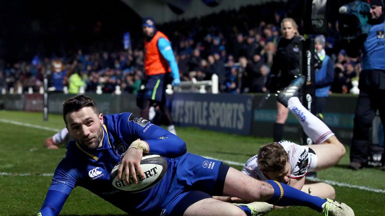 Barry Daly flying in for one of Leinster's six tries at the RDS