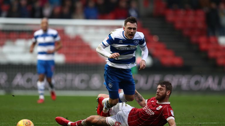 Nathan Baker was dismissed for a foul on QPR's Josh Scowen