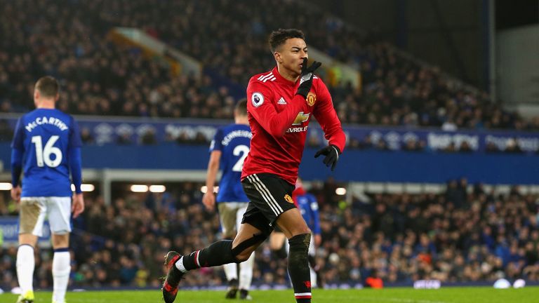 Jesse Lingard celebrates scoring against Everton