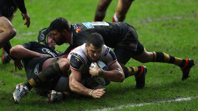 Sean Reidy of Ulster slides over to score against Wasps