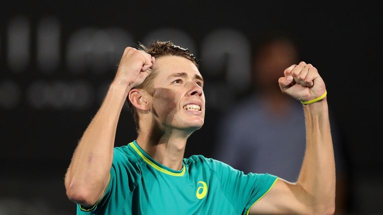 Alex De Minaur celebrates beating Feliciano Lopez to reach the last four in Sydney