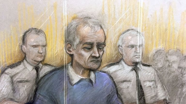 Court artist sketch by Elizabeth Cook of former football coach Bennell appearing at Liverpool Crown Court