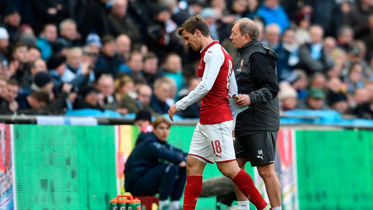 Nacho Monreal was forced off in the first half of the Carabao Cup final at Wembley