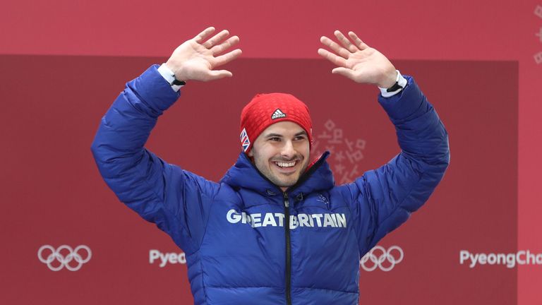 Dom Parsons celebrates winning a bronze medal in the skeleton at Pyeongchang 2018