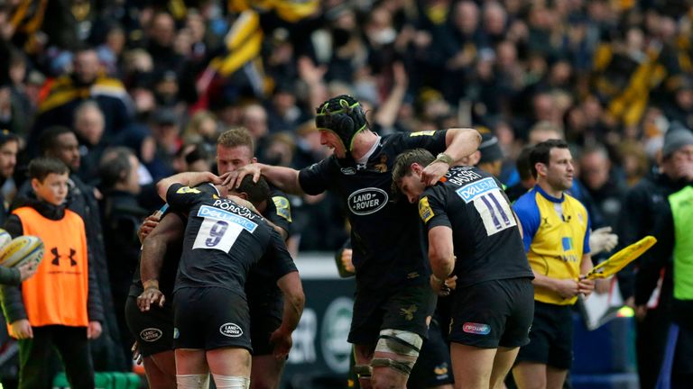 Wasps celebrate at the final whistle after beating Exeter