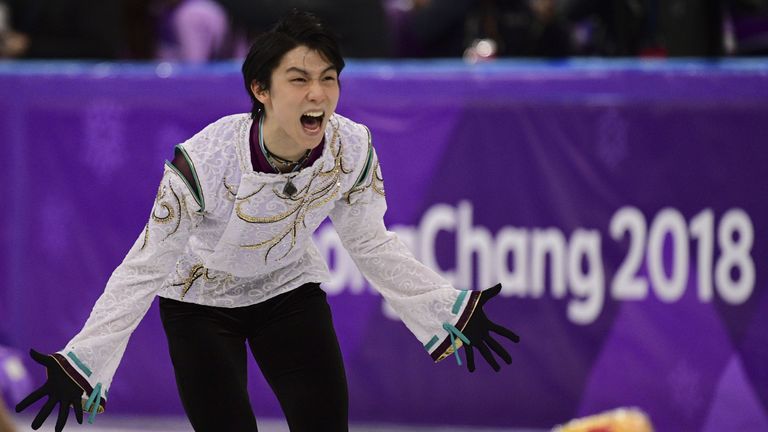 Hanyu reacts after his final skate