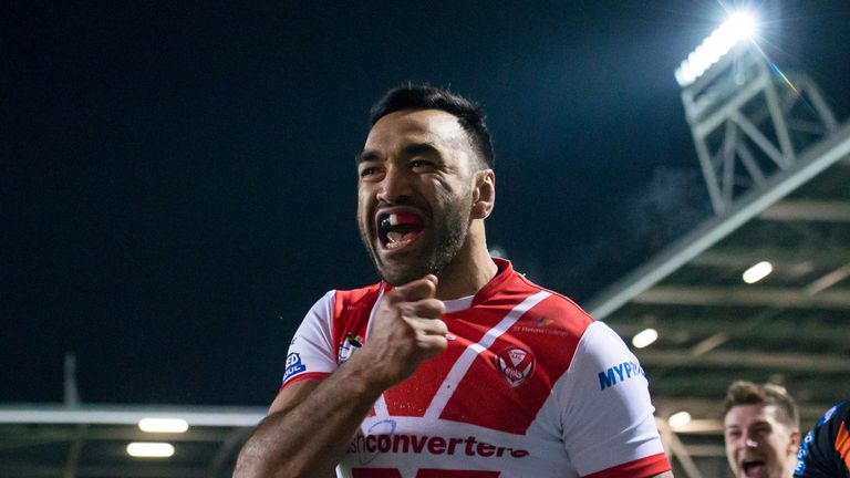 St Helens' Zeb Taia celebrates his try 