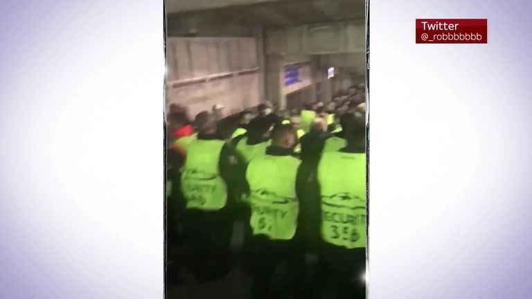 Security gather after the game between Barcelona and Chelsea in the Champions League (credit: @_robbbbbbb)