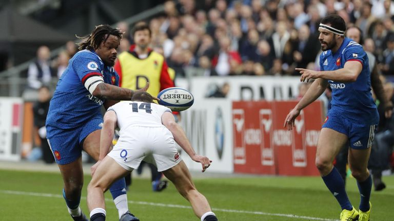 Mathieu Bastareaud looks to offload against England