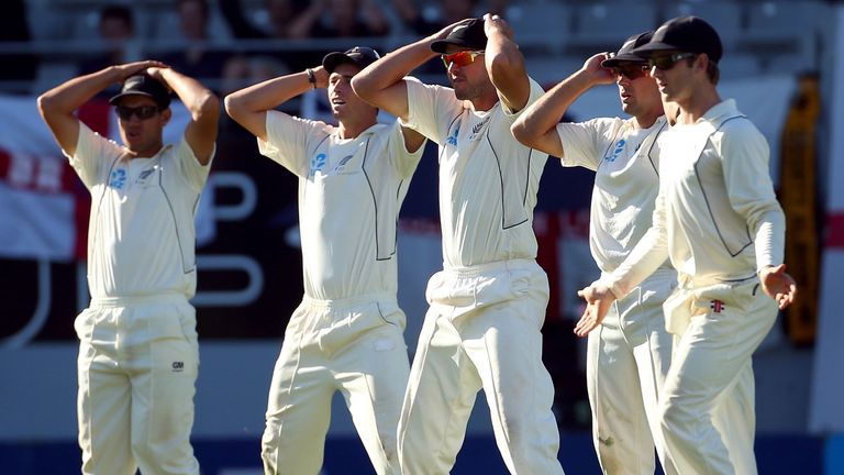 New Zealand's slip cordon display their frustration as Panesar and Prior see it out