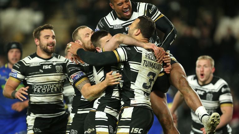 Carlos Tuimavave is congratulated after scoring a try against Warrington