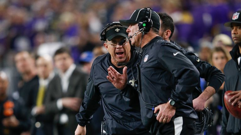 New Orleans Saints head coach Sean Payton argues with a referee during a match against the Minnesota Vikings