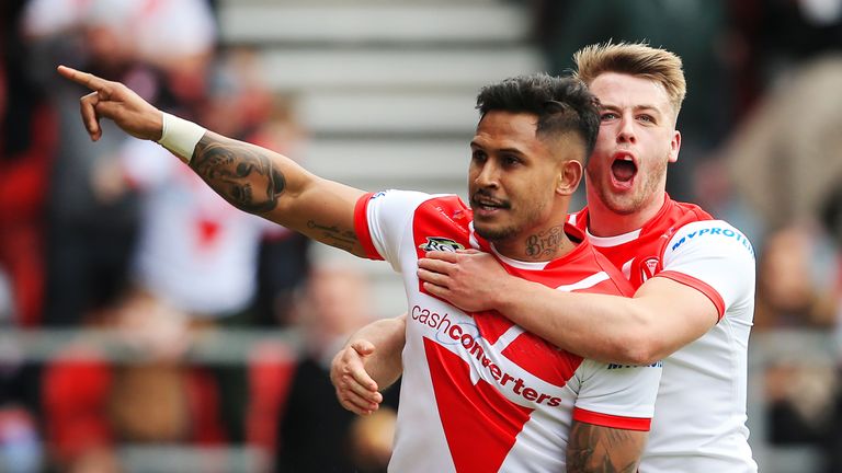 St Helens' Ben Barba celebrates after scoring yet another try