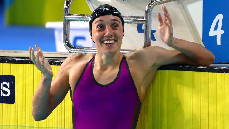 Alys Thomas of Wales celebrates victory in the Women's 200m Butterfly Final