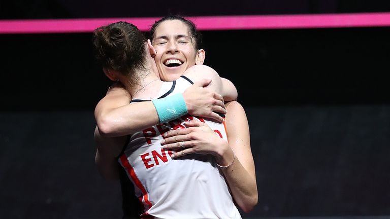 Joelle King of New Zealand celebrates winning the match against Sarah-Jane Perry of England