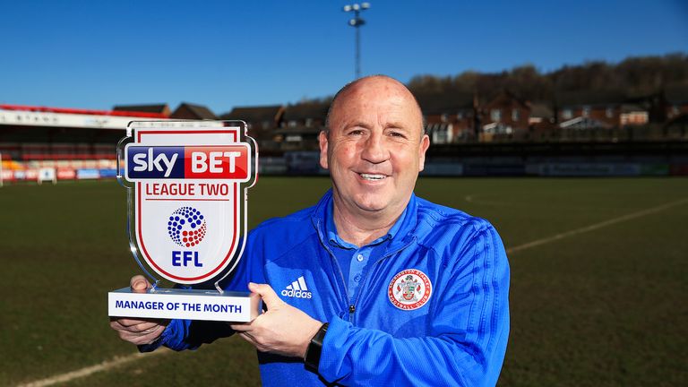 Accrington manager John Coleman is presented with the Sky Bet League Two Manager of the Month award for March