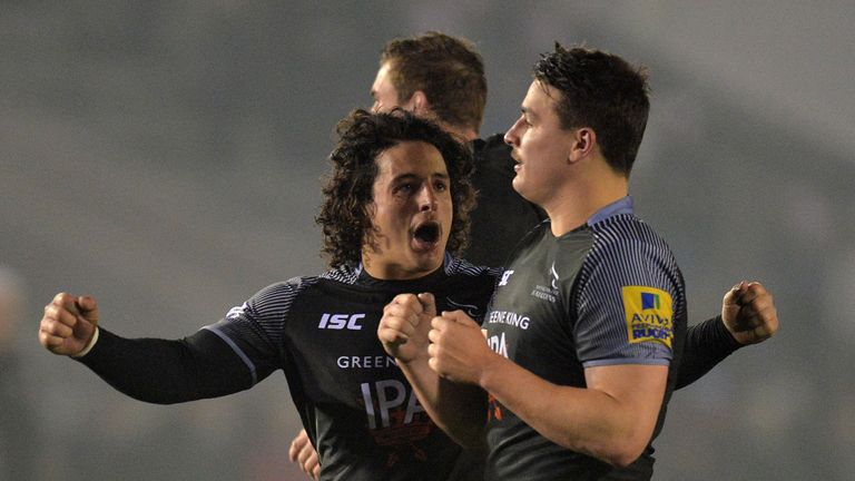 Juan Pablo Socino and Santiago Socino of Newcastle Falcons celebrate at the final whistle