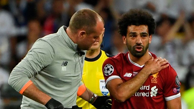 Mohamed Salah was forced off in the first half with a shoulder injury
