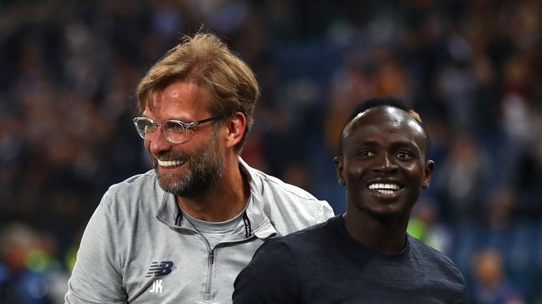 Klopp celebrates with Sadio Mane after Liverpool secure a Champions League final spot in May