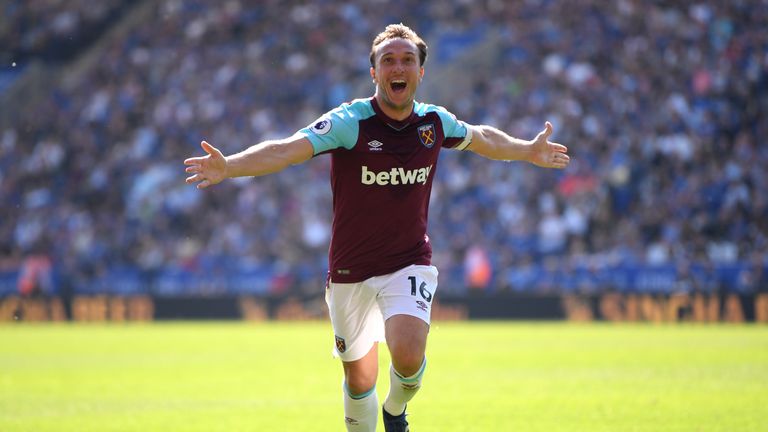 West Ham's Mark Noble celebrates putting West Ham 2-0 up against Leicester