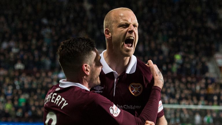 Steven Naismith celebrates after making it 2-1 to Hearts at Tynecastle