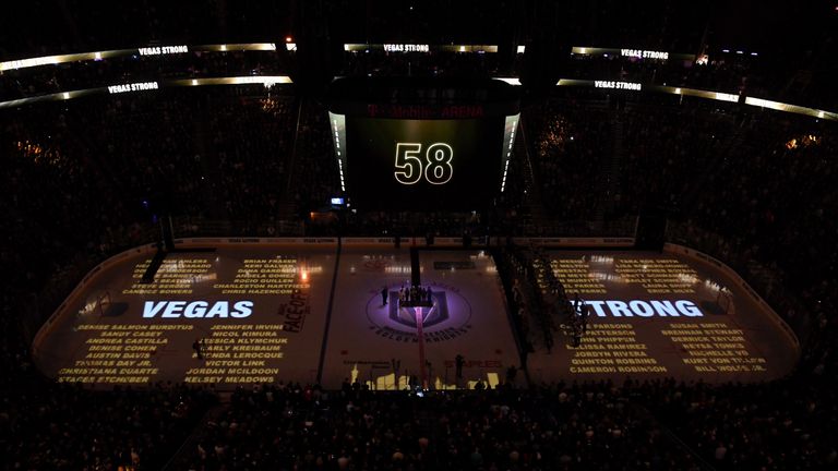 The opening ceremony to the Golden Knights' first home game, just a week after the mass shooting in the city that killed 58