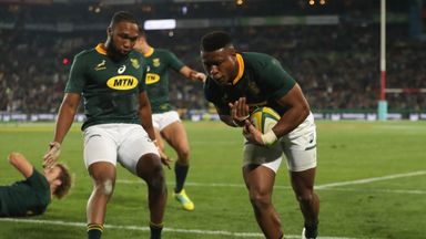 Aphiwe Dyantyi dives over for a try in Johannesburg with no England defender in sight