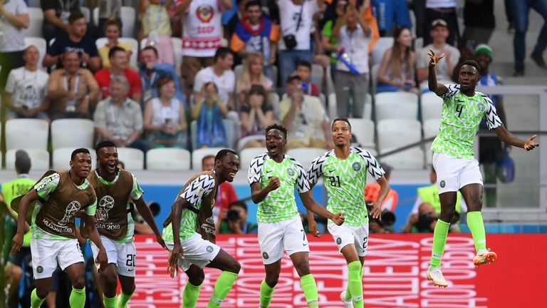 Nigeria's Ahmed Musa celebrates with team-mates after scoring his team's first goal