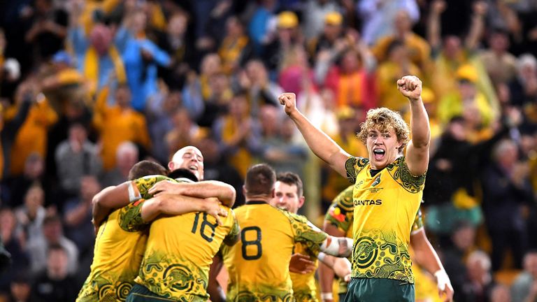 Australia celebrate their Bledisloe Cup success against New Zealand last year