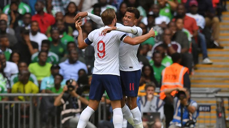 Kane celebrates with Dele Alli in England's match against Nigeria at Wembley