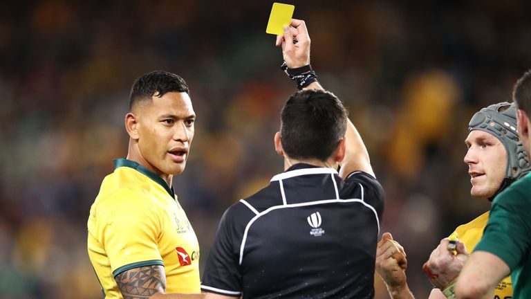 Israel Folau was sent to the sin-bin for 10 minutes when he took O'Mahony out in air