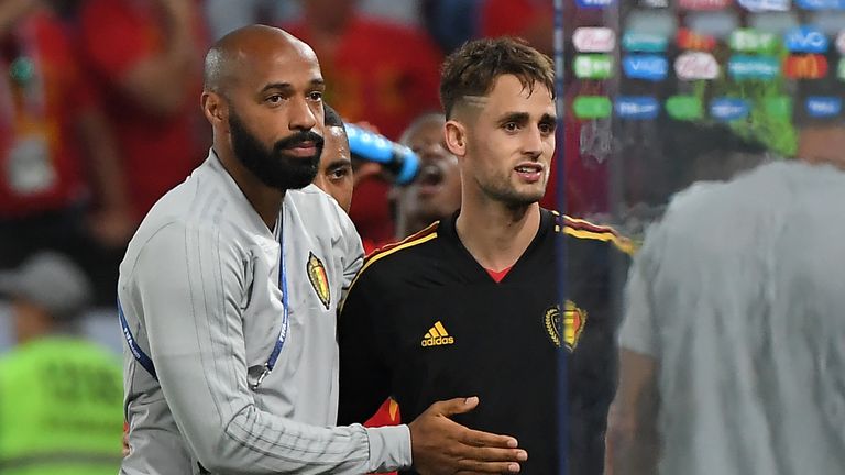 Thierry Henry (L) congratulates Adnan Januzaj (R), who scored the winner in Belgium's 1-0 win over England