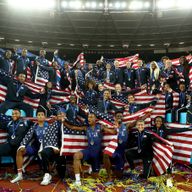 Team USA celebrate after claiming the Platinum Trophy at the Athletics World Cup in London
