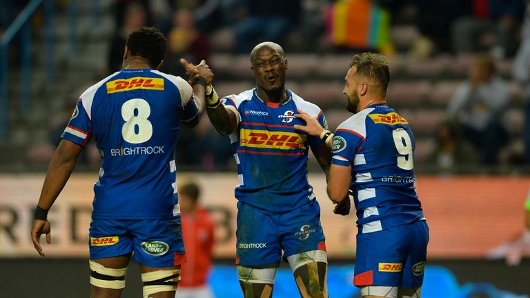 Raymond Rhule celebrates his first-half try against the Sharks at Newlands