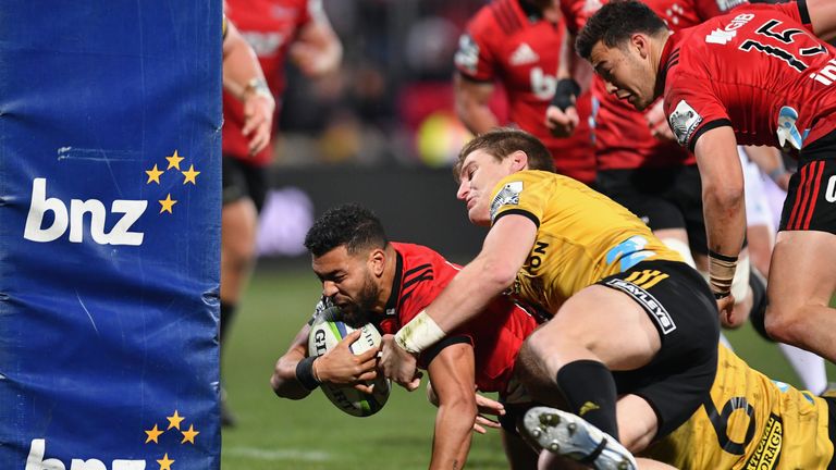 Richie Mo'unga crosses the line for the Crusaders' first try