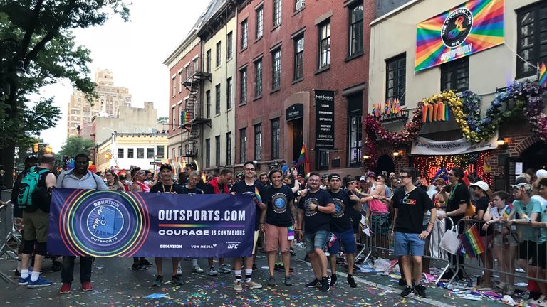 The New York Pride parade passed by the famous Stonewall Inn, the scene of the famous 1969 riots