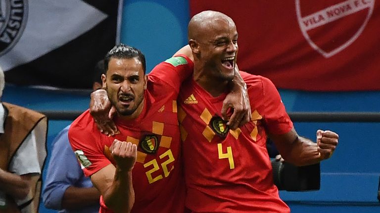 Nacer Chadli and Vincent Kompany celebrate Belgium's opening goal