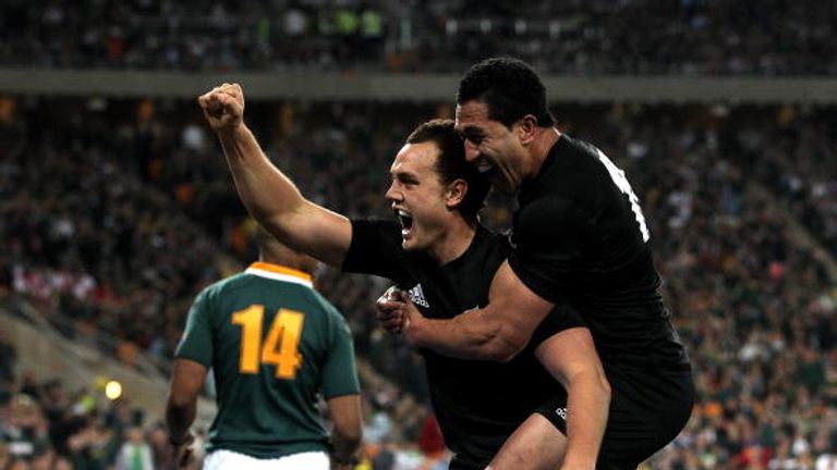 Israel Dagg celebrates scoring for New Zealand in South Africa in 2010